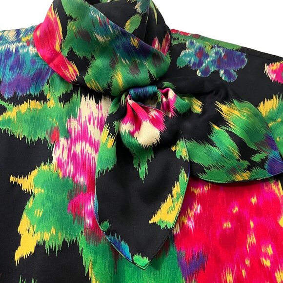 VTG Escada Maragaretha Ley Multicolor Floral Silk Bow Button Back Blouse 38 US 8 - Picture 2 of 7